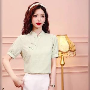 Ammin เสื้อเบลาส์สตรีเสื้อเบลาส์สง่างามแบบลำลองสีทึบคอตั้งเรียบเสื้อแขนสั้นมีกระดุมเสื้อฝ้ายแท้สตรีมาใหม่ฤดูร้อน2024