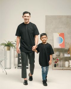 KHOIRUMMAH Koko Kurta Uwais Couple - Baju Koko Ayah Dan Anak - Koko Kurta Kasual Polos - Black