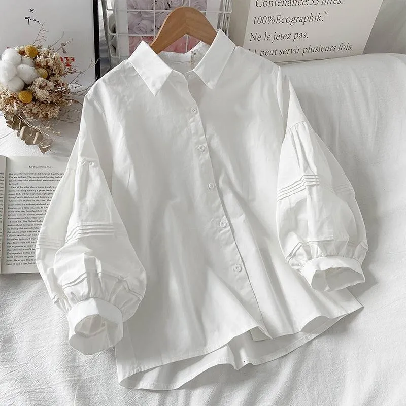 △○∋ long sleeves white polo Collar blouse for women plus size