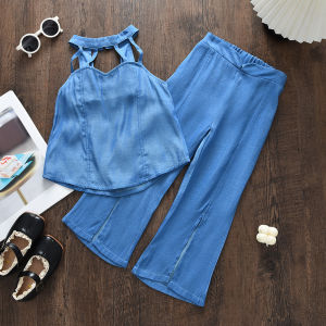 Gấu Lãnh Đạo 3-7 cho bé gái tuổi Bộ quần áo Màu Xanh denim giả Vải Cổ treo quần áo Hàn Quốc màu trơn áo khoét + quần ống loe Hai-Mảnh Trang Phục Cho 3-7 Năm quần áo trẻ em Thường Mặc