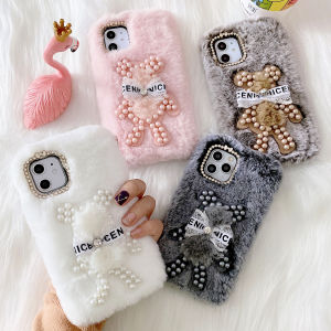 for iPhone 15 14 13 12 11 Pro Max mini XR X XS Max 8 7 6 Plus Furry Bear Case Soft Cute Bear Toy + Luxury Pearl Girly Back Case Fashion Warm Faux Fur Plush Fluffy Protective Flexible Cover Shell Cartoon Doll