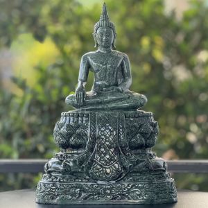 พระพุทธรูป พระแกะสลัก ปางมารวิชัย รูปทรง สุโขทัย หินเขียวอินเดีย หน้าตักองค์พระ 5 นิ้ว พร้อมฐาน