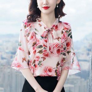 Womens Shirt Korean Style Chiffon  Shirt  Floral Printing Blouse Short-sleeve Shirt
