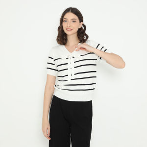 Atasan Rajut Wanita Minimalis Knit Stripe dengan Pinggang Elastis dan Ribbon Knot