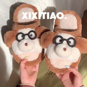 XIXITIAO Creative Cute Little Monkey Furry Shoes for Men and Women Fun Home Slippers Warm Autumn and Winter Couples Closed-Toe Cotton Slippers