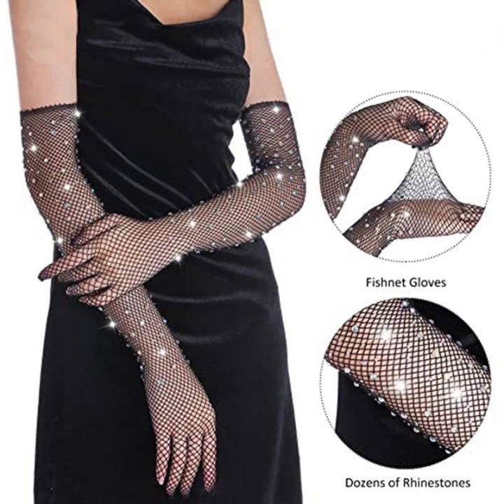 Glitter Rhinestone Stretch Gloves Embroidered Mesh See-through