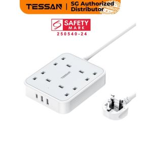 TESSAN Multiplug 7-in-1 Extension Cord with 4 AC Outlets 3 USB Ports and Type-C - Surge Protection Fireproof ABS+PC White