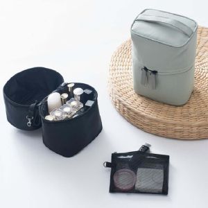 BAIXL Makeup Bags Portable Wash Pouch Large Capacity Zipper Cream Color Korean Storage Bags Women Toiletry Bag Cylinder Cosmetic Bag Travel Organizer