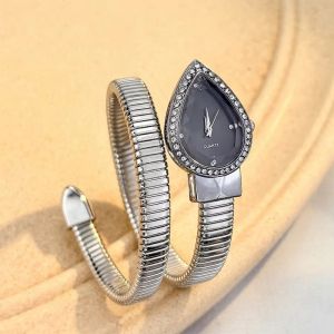 MUNCHX Stainless Steel Strap Quartz Watch Elegant Water Drop Headed Snake-shaped Band Watch Wristwatch Bracelet Womens Watch