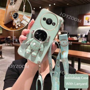 Fashion Stand Case For Redmi A3 4G 6D Electroplated Cute Casing With Long Crossbody Lanyard Strap For Girls Astronaut Stand Holder For Xiaomi RedmiA3 Redmi A 3 A3