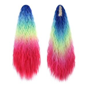 JON09 Rainbow Claw Clip Ponytail Wig Cosplay Ombre Long Wavy Curly Ponytail Heat Resistant Fiber Ponytail Extension Pony Tail Hairpiece for Women