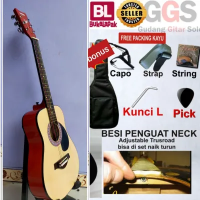 gitar akustik pemula 3/4 tanem besi rangka silang bonus tas dan paking kayu