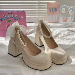 TOP WOMEN PH 2025 (Check Size Chart) Korean Fashion Leather Mary Jane Shoes – 3.5” Heels with Pearl Accent Round Toe Sandals