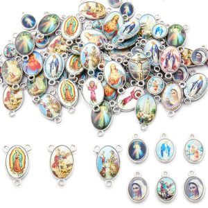 20pcs Mixed Style Enamel Antique Silver Zinc Alloy Metal Jesus Mother Mary Charm Pendants for Home Living DIY Rosary Necklace Bracelet Making