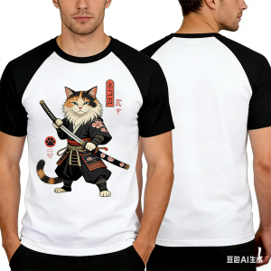 [Local Stock] VCC Funny Samurai Cat Pattern 3D Print T Shirt For Men Casual Loose O-neck Short Sleeve Top Hip Hop Trend Streetwear Summer Clothing