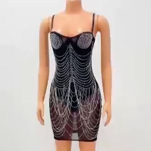 Sparkle Black Rhinestone Fringe BodysuitDresses Women Summer Glam Mesh Sequins Short Party Dress Clubwear Birthday Outfits