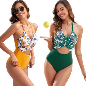 New European and American Cross-border One-piece Swimsuit for Women with Printed Leaf Pattern.