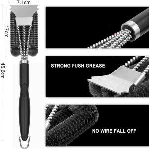 BBQ Grill Cleaning Brush with Scraper Stainless Steel Wire Bristles Triple Handle Grill Cleaner