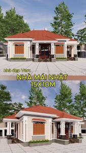 15x10m Bản Vẽ Thiết Kế Nhà Cấp 4 Mái Nhật 3 sảnh Đẹp Hiện Đại Sang Trọng. In Giấy A3 ảnh 3D màu gồm Kiến Trúc Kết Cấu
