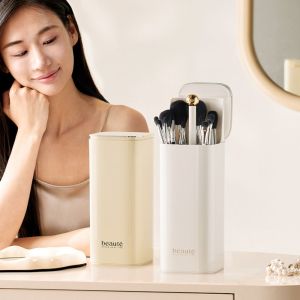 HUNIU Large Capacity Automatic Lifting Makeup Brush Holder with Lid Dustproof Makeup Brush Storage Tube Multi-function Press Type Makeup Brush Box Organizer