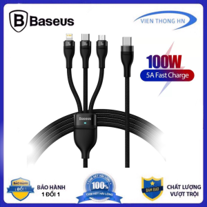 Dây sạc nhanh 3 đầu 100W Baseus - Cáp sạc 3in1 type c ip micro usb bọc dù có led dùng cho samsung iphone xiaomi laptop ...