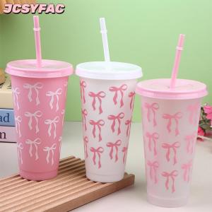 JCSYFAC 1PC 710ml Kawaii Bow tái sử dụng bên ly với rơm nắp cà phê nước trái cây trà dễ thương cốc với rơm ly nhựa Quà Tặng mùa hè