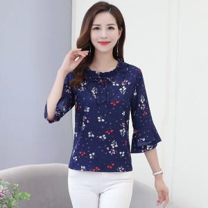 Women Spring Summer Style Chiffon Blouses Shirts Lady Casual Short Flare Sleeve Flower Printed O-Neck Blusas Tops