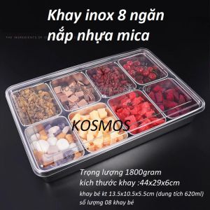 Khay inox đựng topping hoa quả gia vị... inox nắp mica