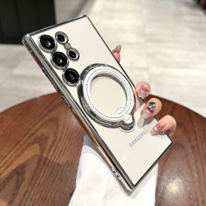 CrashStar 360° Rotating MagSafe Stand Transparent Clear Plating Soft Shockproof Phone Case For Samsung Galaxy Ultra S25 S24 S23 S22 Ultra Plus + S20 FE A54 A34 A14 A53 A13 A12 5G A52 A34 4G A16 A06 A55 A35 A15 A05S Wireless Charging Phone Casing Cover