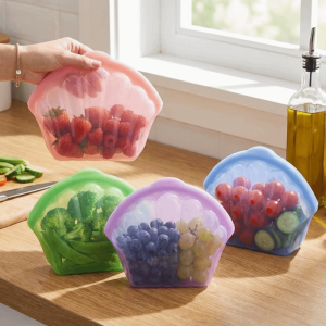 GOXBERK Food Grade Silicone Food Storage Bag Self Sealing Shell Shape Food Packaging Bag Simple Sealed Fresh Keeping Bag for Kitchen