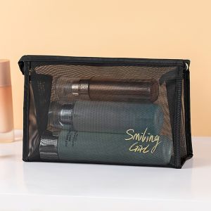 Black Mesh Cosmetic Bag Make Up Bag Travel Storage Case Women Portable Large Capacity Organizer with Zipper