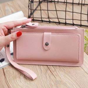 VIVIBAGS#8012 Slim long wallet for ladies plain colors leather snap-button front pocket for card storage.