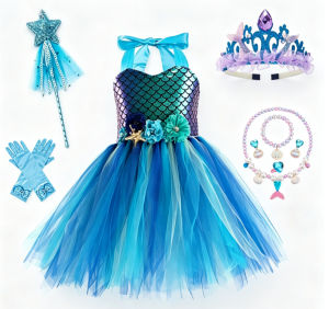 11.11 Girls Mermaid Scale Princess Halter Tulle Tutu Dress Children Birthday Halloween Carnival Party Stage Performance Fancy Outfit h2610