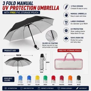 MOMO Portable Folding Umbrella Compact Travel Umbrella Lightweight 3 Fold UV Protection Rain Protection Silver Coating Easy Carry for Handbag Backpack Office School Car with Free PVC Storage Pouch Manila Stock