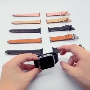 JANSIN Genuine Leather Loop Band compatible iWatch Series 9/8/7 41MM 45MM compatible with iWatch Ultra 2 49mm Series SE 6 5 4 3 2 1 38mm 40mm 42mm 44mm Bracelet Butterfly Clasp Strap Belt