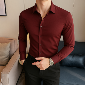 Baju kemeja pria legan panjang Scuba Shirt elastis slimfit dewasa motif hitam polos