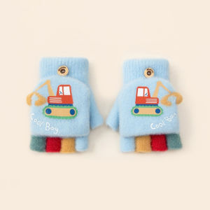 Cartoon Excavator Winter Gloves for Boy Kindergarten Kids Warm Half Fingers Flip Knit Mittens Outdoor Windproof Children Gloves
