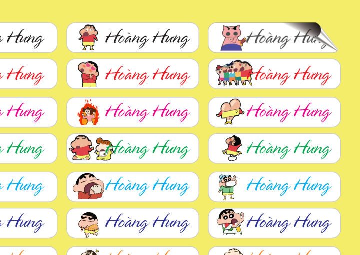 1 tờ sticker 96 cái in tên dán bút cho bé với nhiều hình ngộ nghĩnh đáng yêu