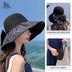 LouisWill Women Sun Cap Beach Hat Foldable Sun-proof Hat Casual Sun Hats Portable Beach Cap Bow Knot Storage Bag Design Large Brim Cap Sun Protection Cap UV Protection Hats With Windproof Rope for Summer Outdoor Travel