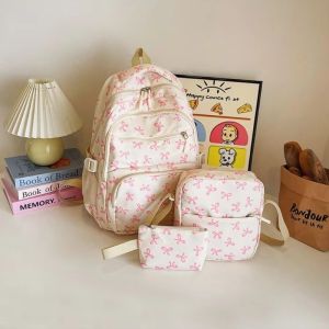 3 Pcs/Set Cute Large Capacity Bow Backpack Fashion Simple Student Adjustable Strap Nylon Schoolbag