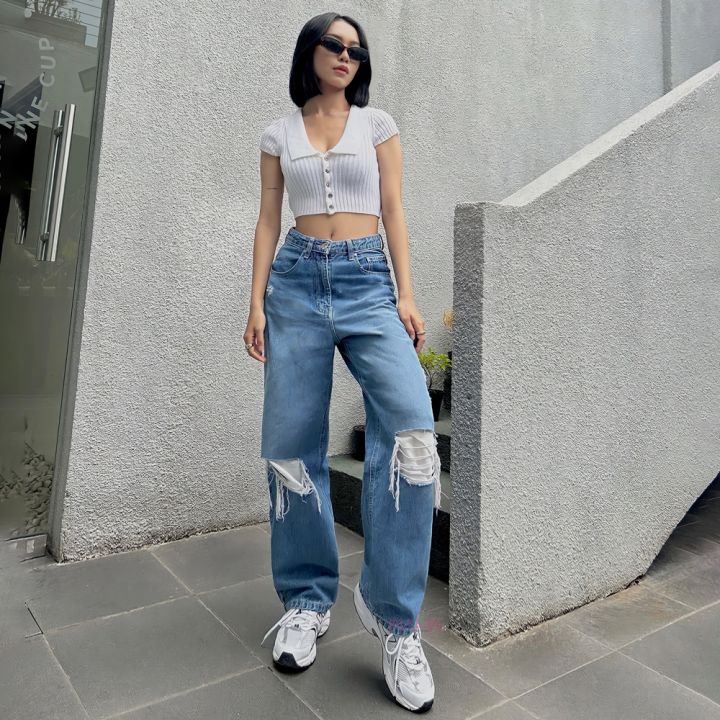 WAUW BADDIE Baggy Ripped Jeans Medium Blue 2241 Lazada