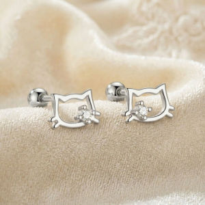 Bông Tai Bạc 925 HGJG Mèo Hello Kitty Dễ Thương Đính Đá Lấp Lánh Hoa Tai Mèo Xinh Xắn Đeo Hằng Ngày
