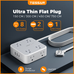 TESSAN 1.5 - 7.6 meter Flat Plug Extension Cord Surge Protector Heavy Duty Power Strip Extension Outlets 8AC Outlets 2 USB Ports 1 Type C Charger