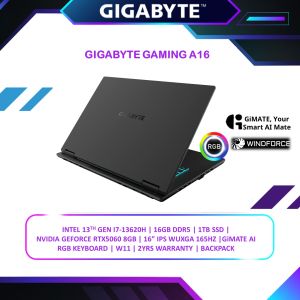 GIGABYTE Gaming A16 Laptop (INTEL I7-13620H / 16GB DDR5/ 1TB SSD/ 8GB NVIDIA RTX5060/ 16 IPS WUXGA 165Hz/ RGB KEYBOARD/ GiMATE AI / W11/BACKPACK/2YRS WARRANTY) CVHI3MY894SH