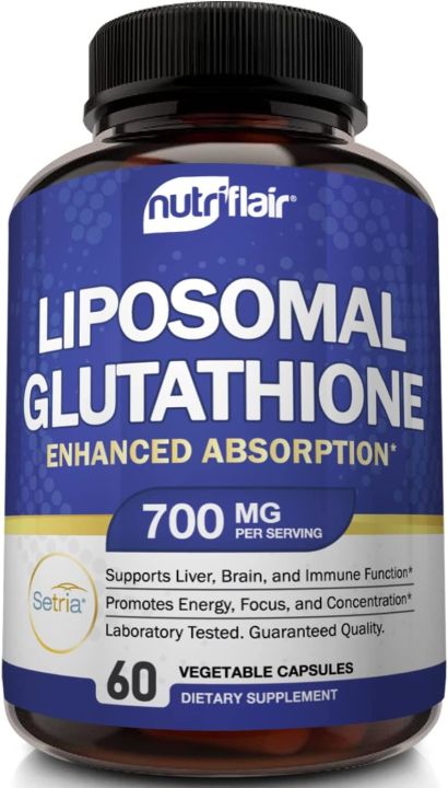 NutriFlair Liposomal Glutathione Setria 700 mg Pure Reduced, Stable, Active  Form L Glutathione reductase (GSH), Enhanced Absorption - Non GMO  Antioxidant, Detox, Cardiovascular, Brain, Immune Health 60 Vegetable  Capsules
