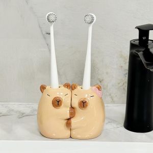 Ceramic Toothbrush Holder for Bathroom Set of 2 Cute Capybara Shape Tooth Brush Holders Pencil Holder for Bathroom Countertop Home Office Table Decor