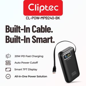 Cliptec MPB240 Power Bank 10 000 mAh PD20W dengan TFT Display | Built-in Kabel Type-C Boleh Tarik 56 cm