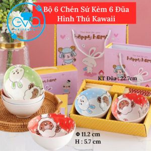 Bộ 6 Chén Sứ Hoạ Tiết Mèo Thần Tài May Mắn Phong Cách Nhật Tặng Kèm 6 Đôi Đũa Tre Cao Cấp