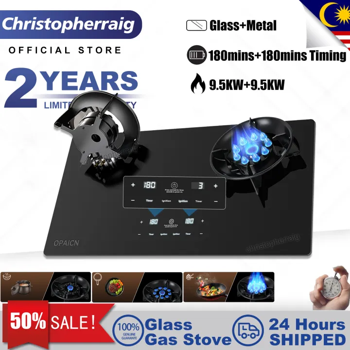 CHRIS 9.5kw Timing Double Burner Gas Stove Smart Touch Control Timer Glass Panel Desktop Embedded Liquefied Gas Cooker Household Kitchen Cooktop 触控定时 翻盖燃气灶