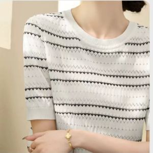 Womens Short sleeved New Fashionable Loose Hollow Knitted Shirt with Simple Style Solid Color T-shirt